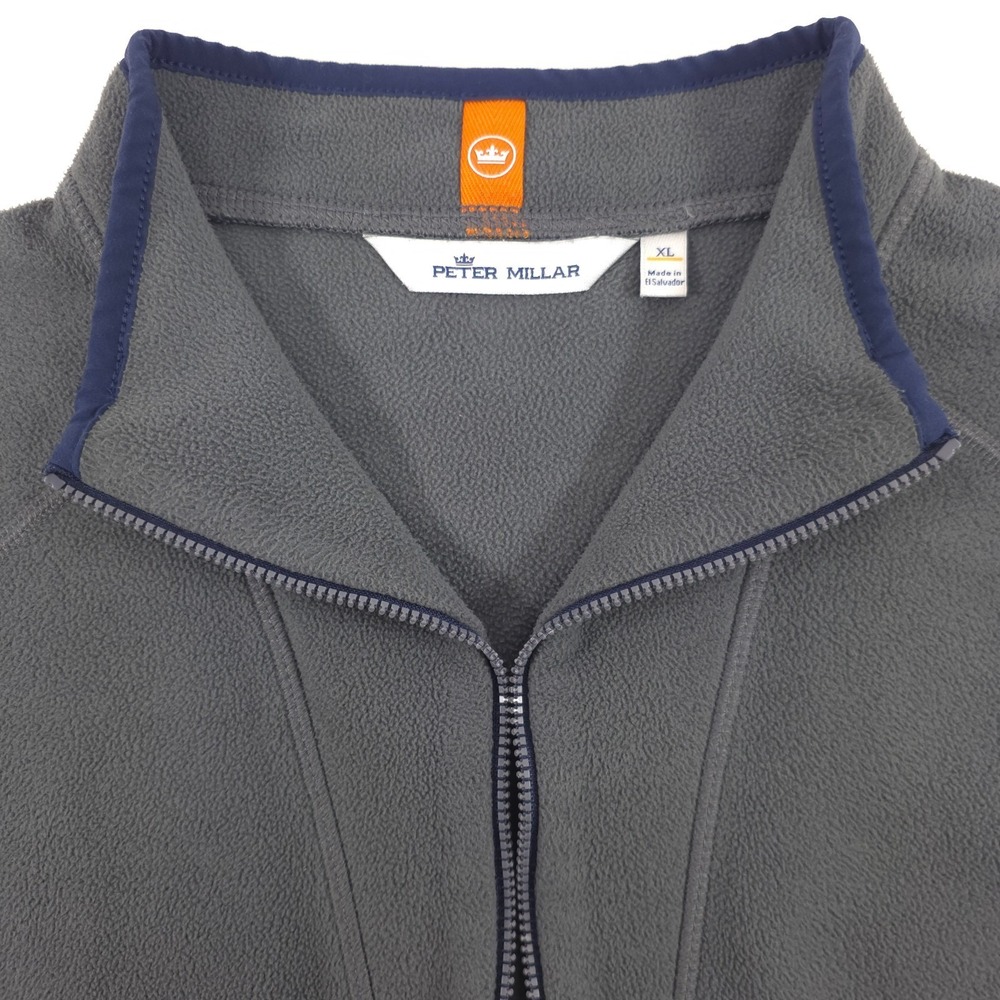 Peter Millar Mens Fleece Pullover 1/4 Zip XL Grey Navy Trim Kangaroo Pocket - Picture 6 of 13